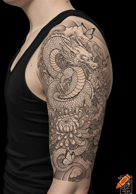 Blackwork Japanese Style Tattoo Sleeve Featuring A Dragon Chrysanthemums And Butterflies On An Arm On Craiyon