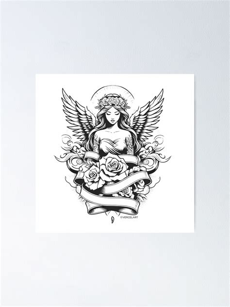 Female Angel Tattoo Ribbons Roses Poster Female Angel Tattoo Ribbons Roses Poster