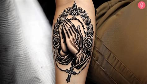 Forgive Me Praying Hands With Rose And Rosary Tattoo Design Picture