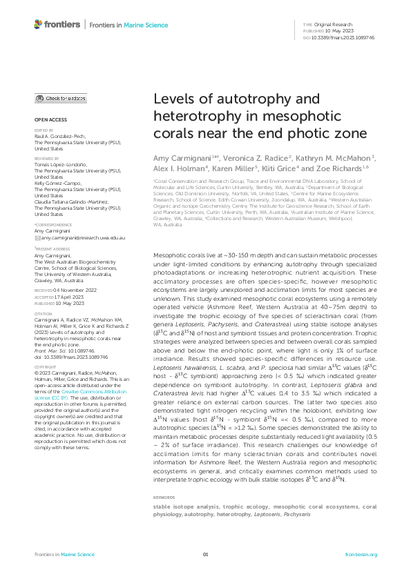 Frontiers Levels Of Autotrophy And Heterotrophy In Mesophotic Corals Near The End Photic Zone