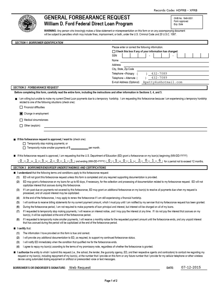Draft General Forbearance Request Template Email Today