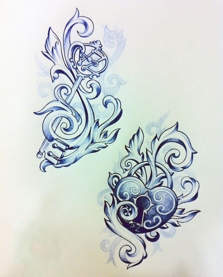 Locked Heart And Key Tattoo Design