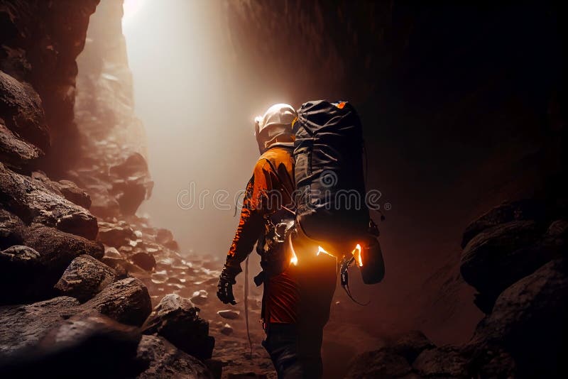 Man Exploring The Cave Deep Under Earth Generative Ai Stock