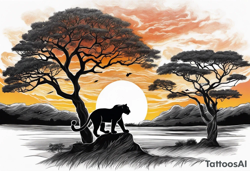 Panthers On A Single African Tree With The Sunsetting Behind It With
