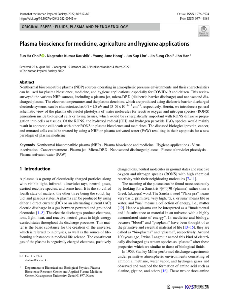 Plasma Bioscience For Medicine Agriculture And Hygiene Applications Journal Of The Korean Physical Society