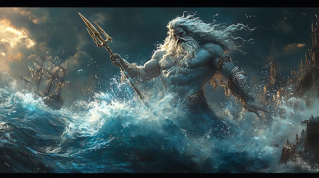 Poseidon God Of The Sea Rises From The Depths Creating A Majestic Storm With His Trident Premium Ai Generated Image