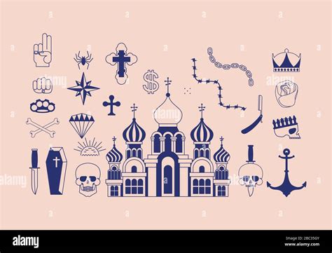 Russian Prison Tattoo Set Russia Criminal Symbol Skull Cross And Russian Prison Tattoo Set Russia Criminal Symbol Skull Cross And