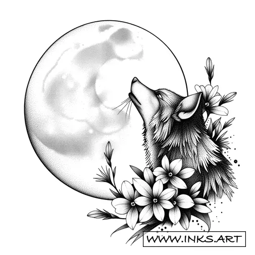 Tattoo Design Coyote Howling At Flowered Moon Style Dotwork Tattoo Design Coyote Howling At Flowered Moon Style Dotwork