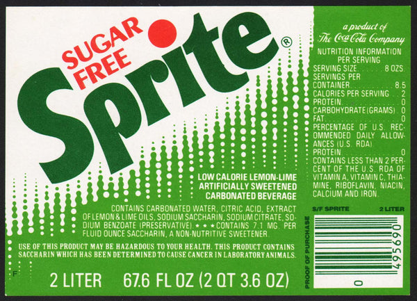 Vintage Soda Pop Bottle Label Sprite Sugar Free The Coca Cola Company Saccharin Ebay